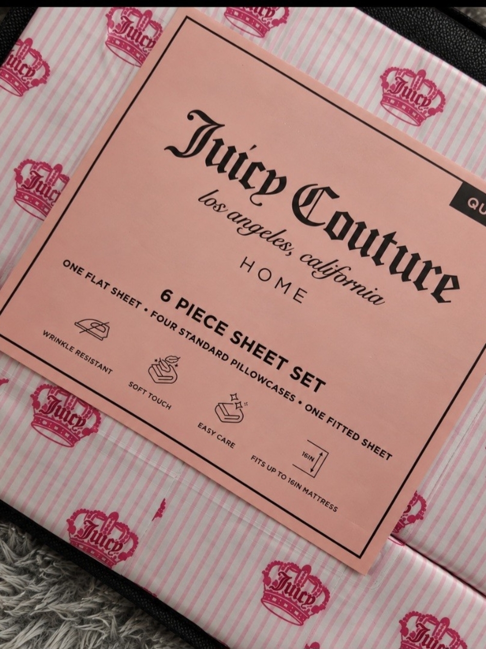 Juicy Couture Pink Striped & Crest 6-Piece Sheet Set - Queen Size nwt